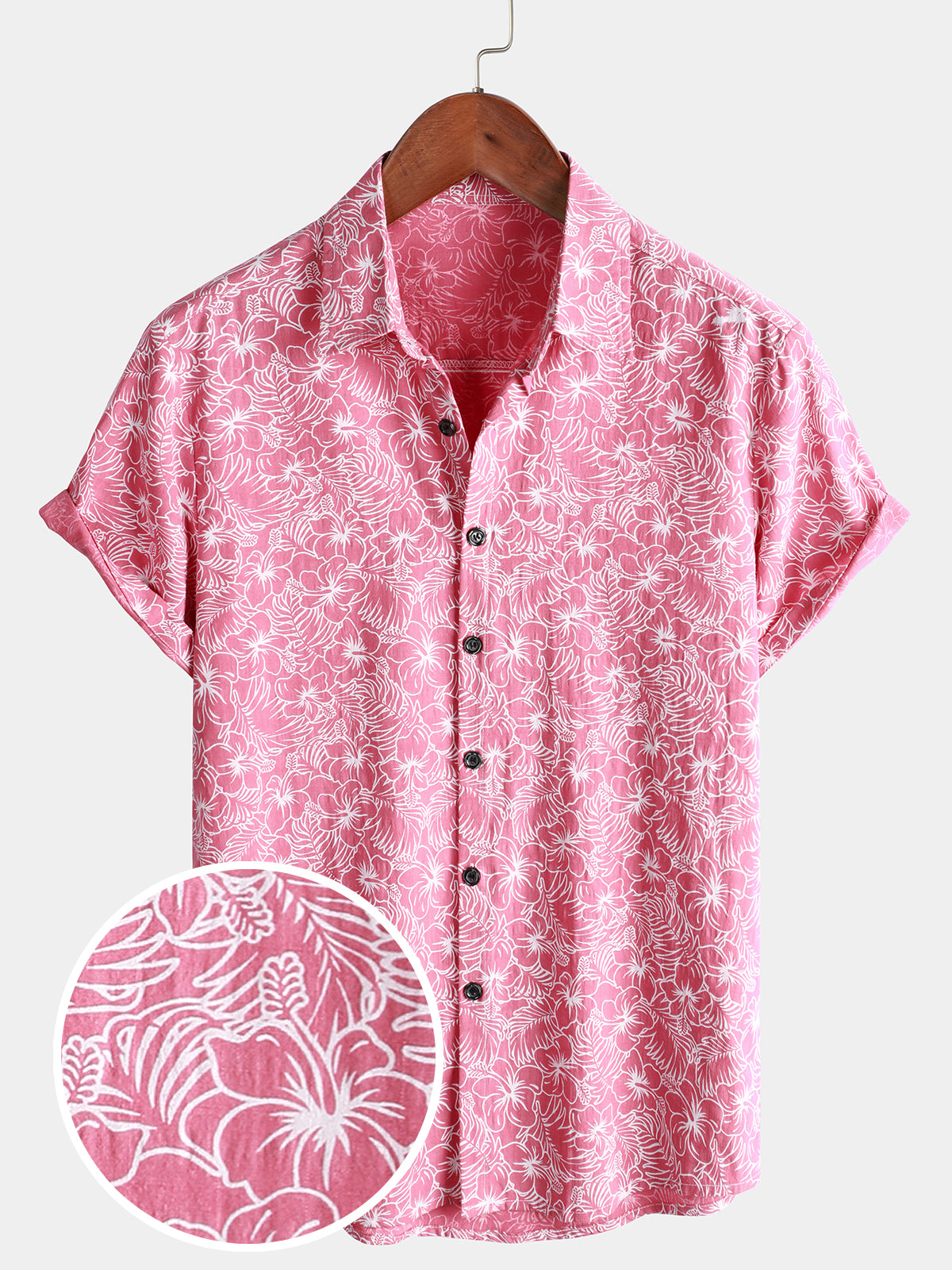 Men's Cotton Floral Holiday Flower Print Button Up Beach Pink Hawaiian Short Sleeve Shirt