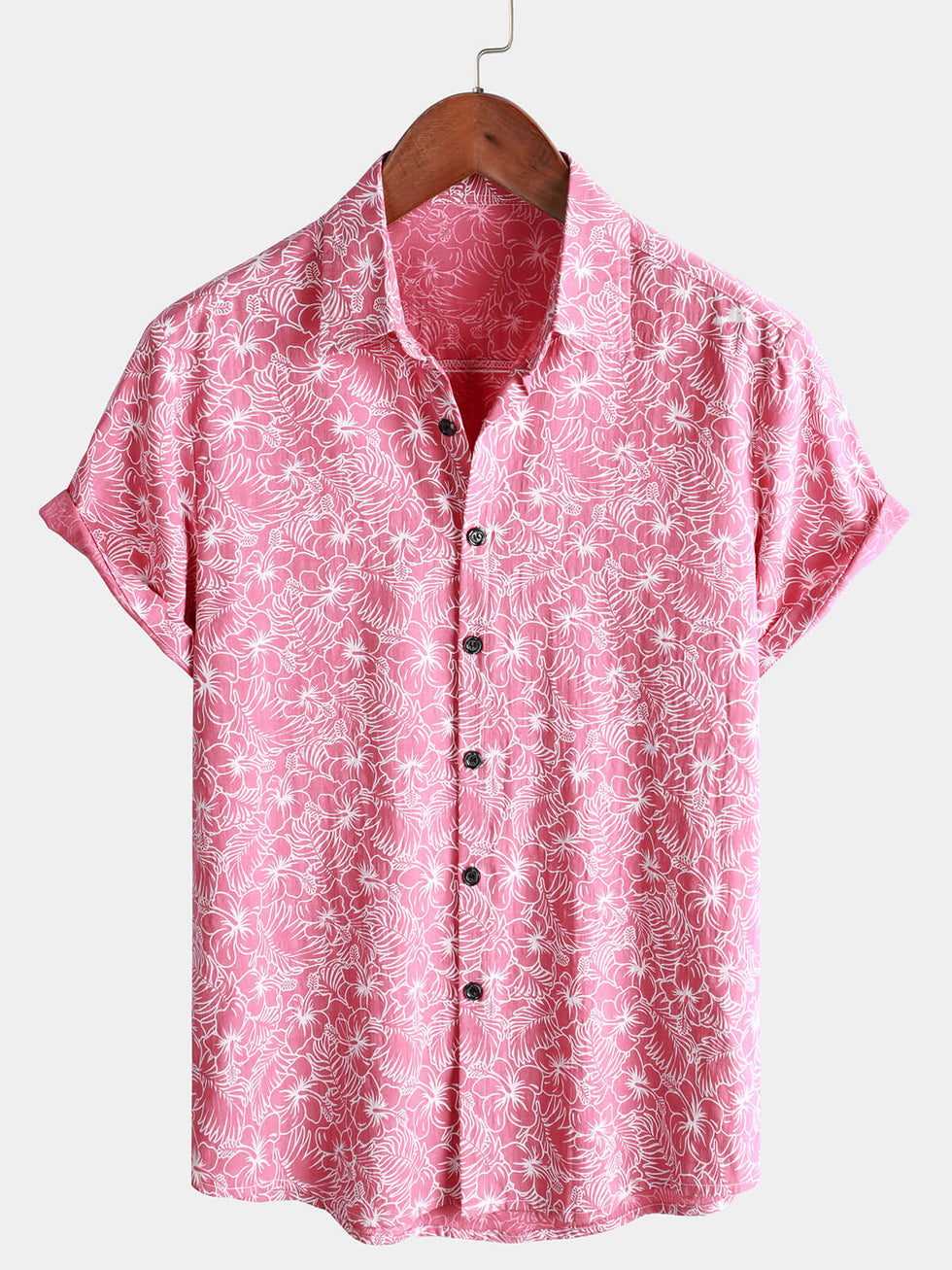Men's Cotton Floral Holiday Flower Print Button Up Beach Pink Hawaiian ...
