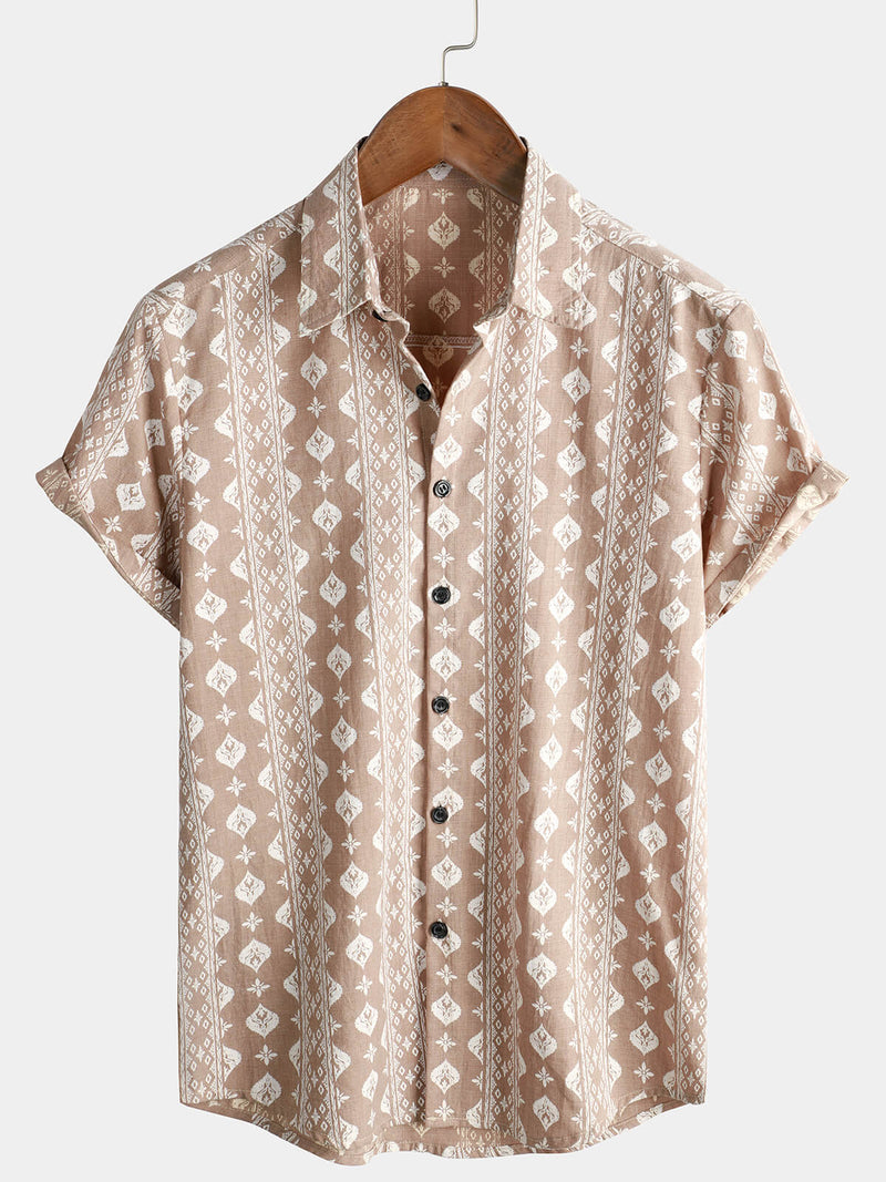 Men's Cotton Retro Button Up 70s Brown Striped Vintage Short Sleeve Shirt