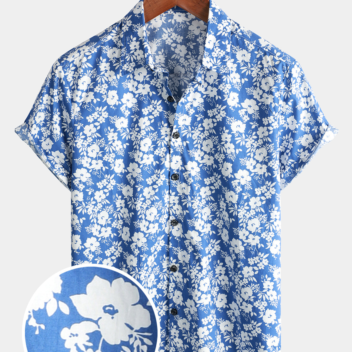 Men's Floral Cotton Holiday Flower Print Summer Button Up Breathable Blue Short Sleeve Shirt