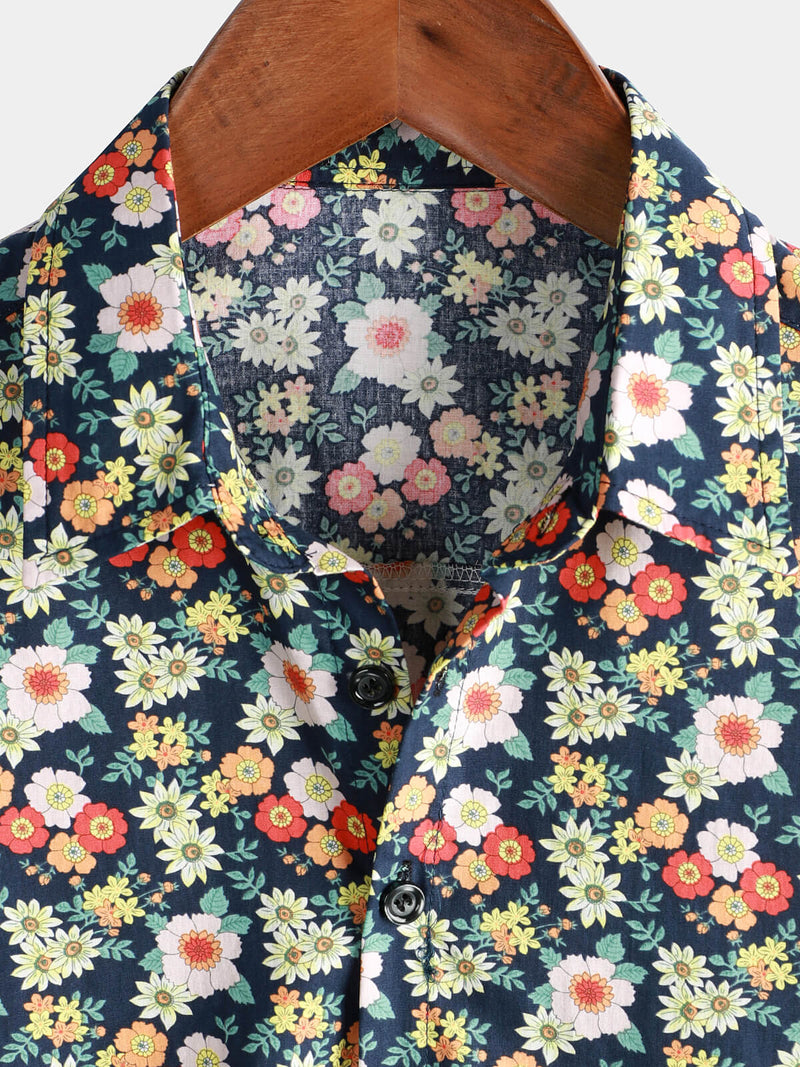 Men's Cotton Holiday Flower Print Button Up Floral Vintage Short Sleeve Shirt