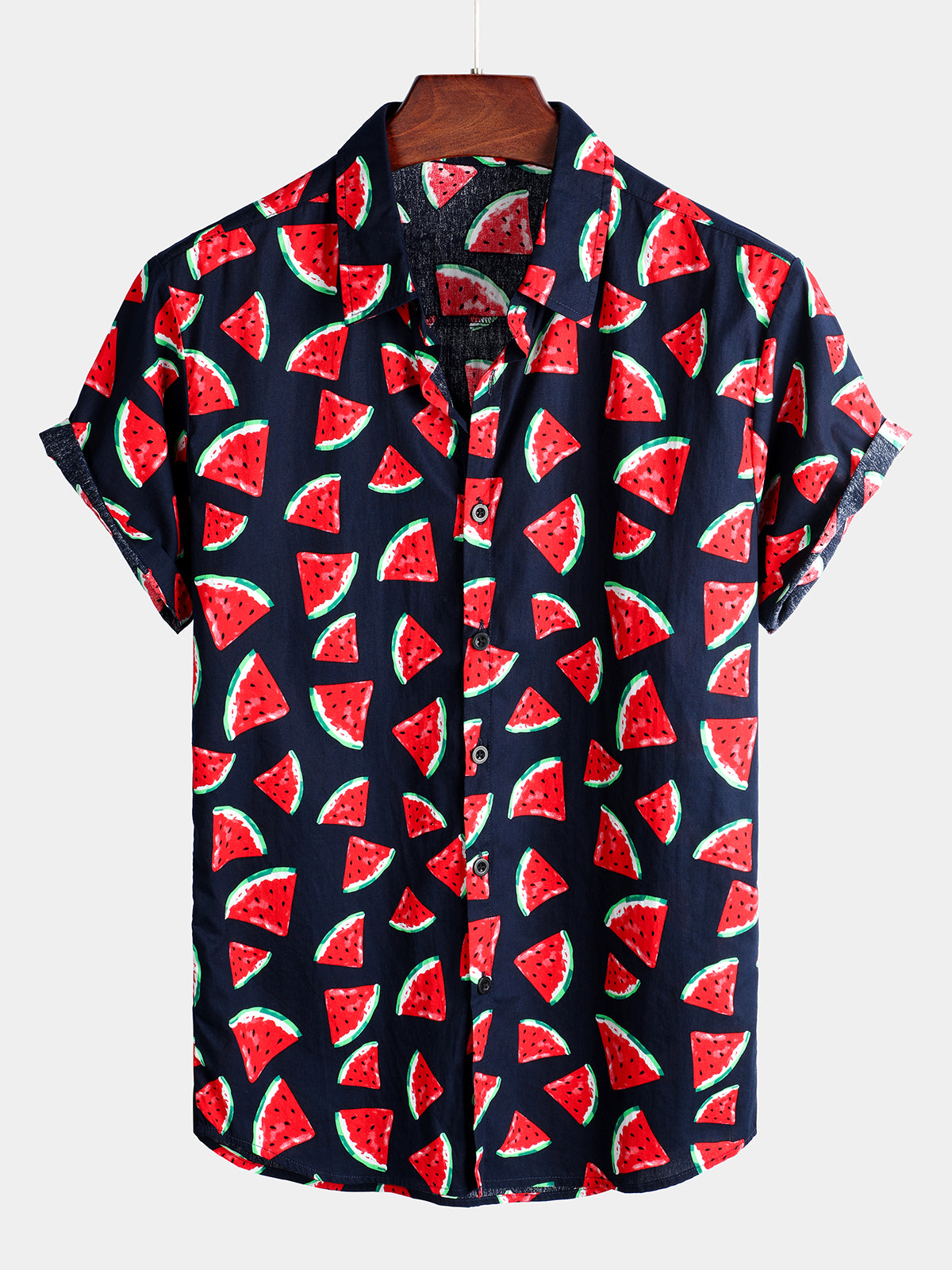 Men's Watermelon Tropical Hawaii Fruit Print Cotton Navy Blue Shirt