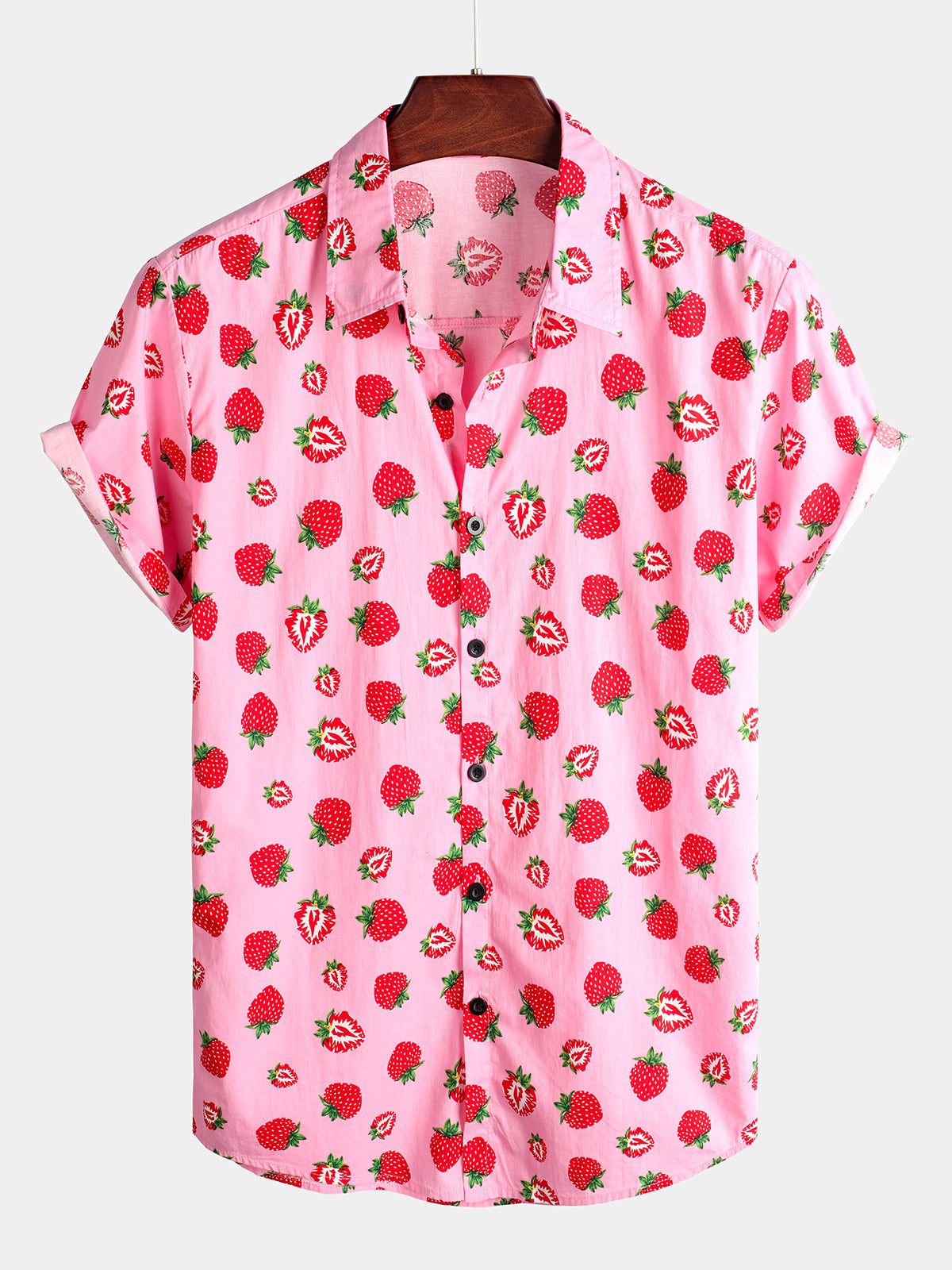 Men's Strawberry Print Fruit Hawaiian Short Sleeve Resort Cotton Collared Shirt