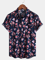 Men's Floral Print Flowers Summer Button Up Breathable Cotton Short Sleeve Shirt