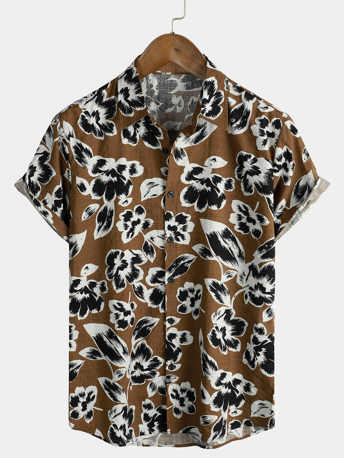 Men's Vintage Floral Breathable Cotton Brown 70s Short Sleeve Shirt