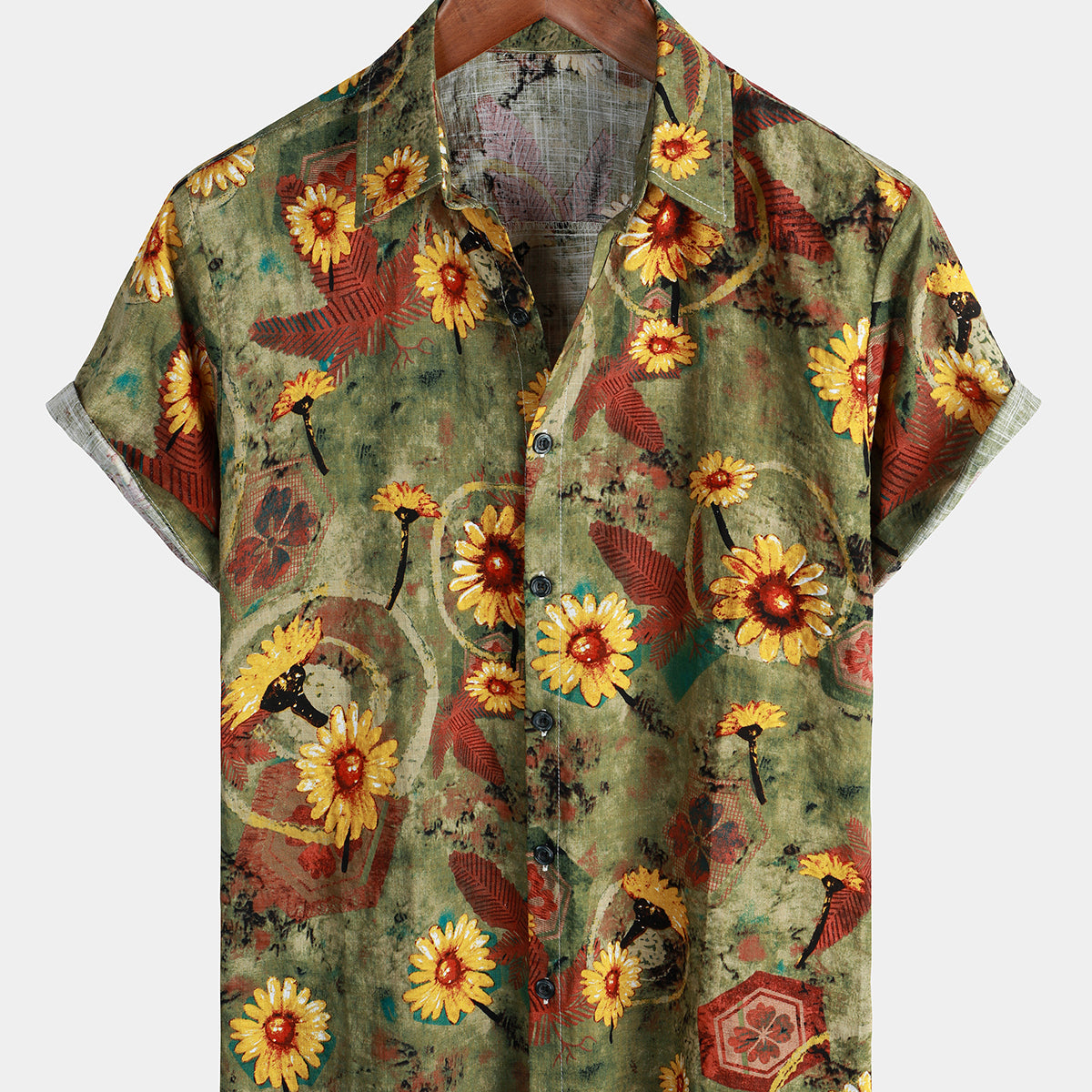 Men's Vintage Sunflower Floral Summer Short Sleeve Hawaiian Beach Shirt