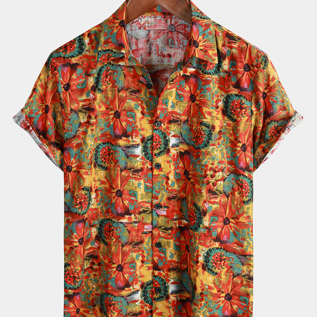 Men's Vintage Floral Print Summer Yellow Orange Breathable Cotton Button Bohemian Short Sleeve Shirt