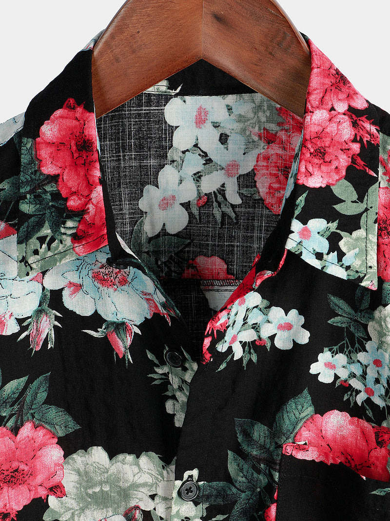 Men's Floral Print Black Pocket Vintage Flowers Short Sleeve Cotton Summer Holiday Shirt