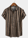 Men's Vintage Striped Brown Cotton Casual Button Up Short Sleeve Shirt