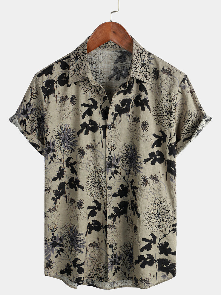 Summer Flower Print Shirt Collar Button Front Loose Romper