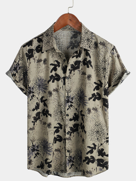 Men's Retro Flower Print Floral Button Up Vintage Holiday Short Sleeve ...