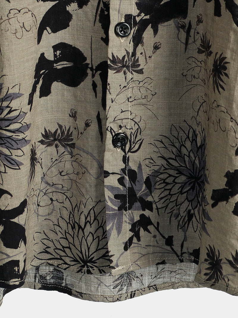 Men's Retro Flower Print Floral Button Up Vintage Holiday Short Sleeve Shirt