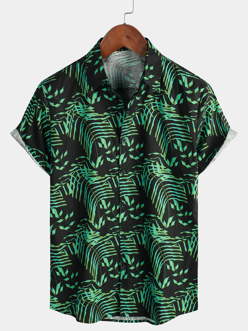 Men's Summer Tropical Green Plant Leaf Button Up Short Sleeve Hawaiian Shirt