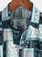 Men's Flower Patchwork Boho Print Retro Floral Casual Button Up Short Sleeve Shirt