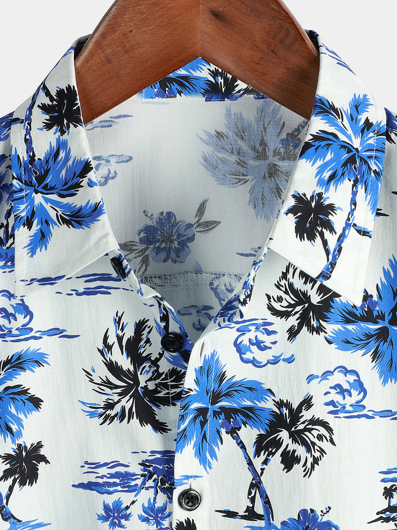 Men's Tropical Palm Tree Print Summer Vacation Cotton Aloha Short Sleeve Hawaiian Shirt