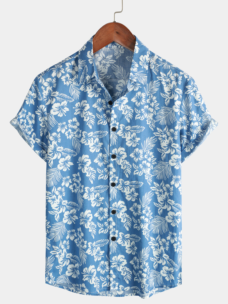Men's Blue Tropical Floral Plant Leaf Cotton Button Up Short Sleeve Al ...