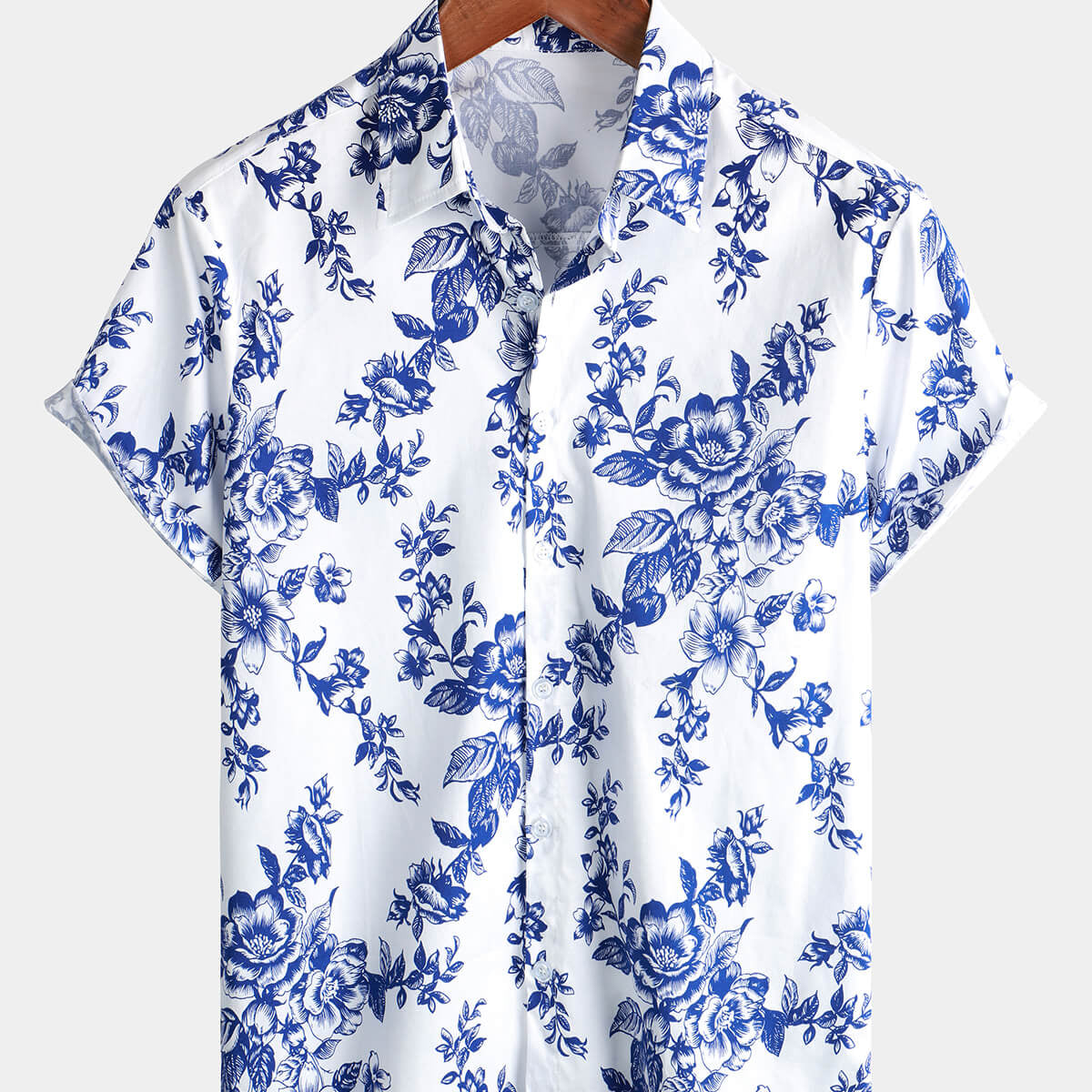 Men's Blue Floral Cotton Button Up Short Sleeve Summer Beach Casual Hawaiian Shirt