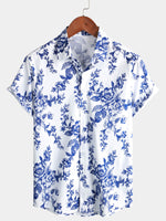 Men's Blue Floral Cotton Button Up Short Sleeve Summer Beach Casual Hawaiian Shirt
