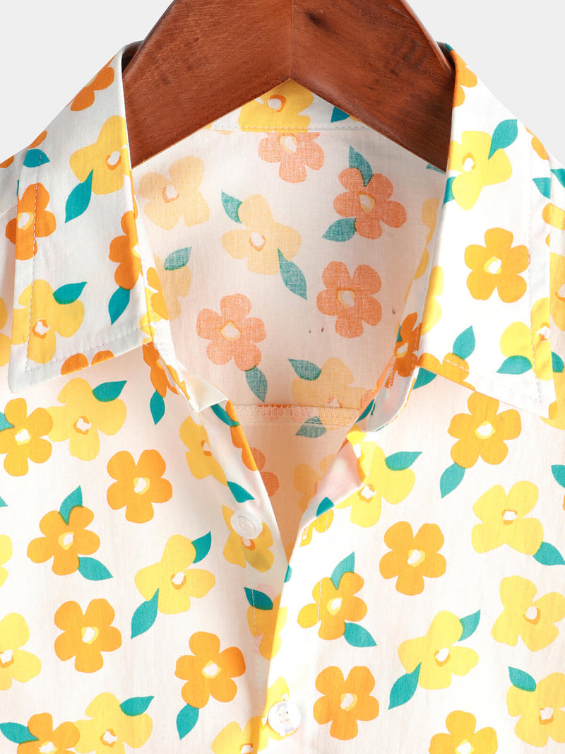 Men's Flower Print Summer Button Up Yellow Floral Short Sleeve Beach Shirt