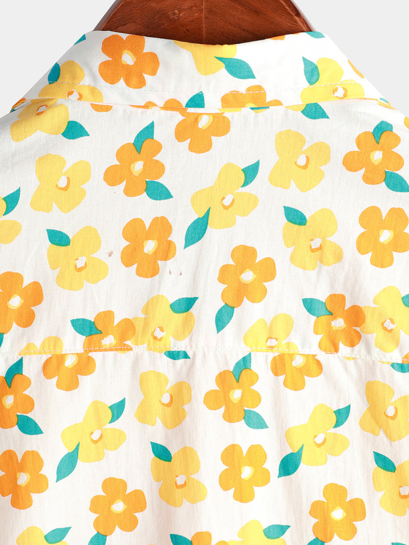 Men's Flower Print Summer Button Up Yellow Floral Short Sleeve Beach Shirt