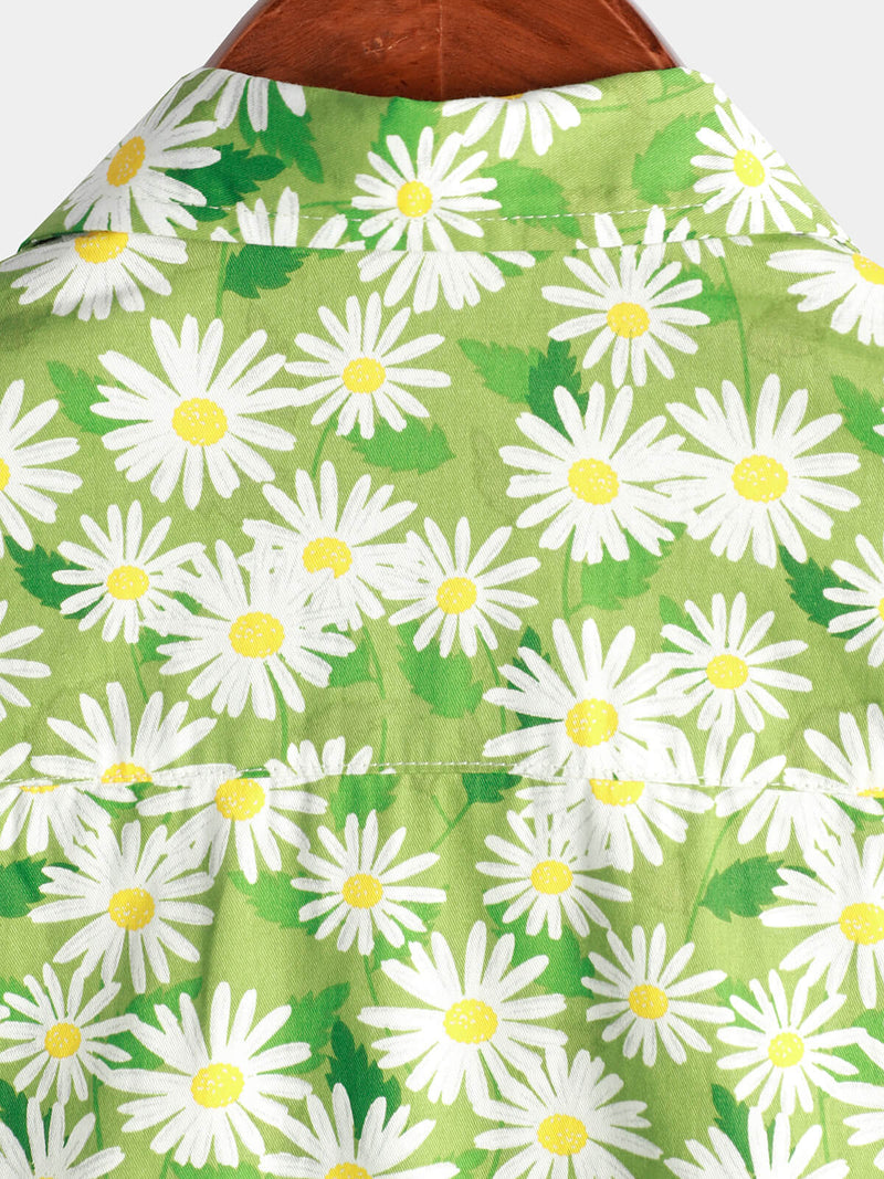 Men's Green Holiday Flower Print Summer Button Up Floral Short Sleeve Beach Shirt