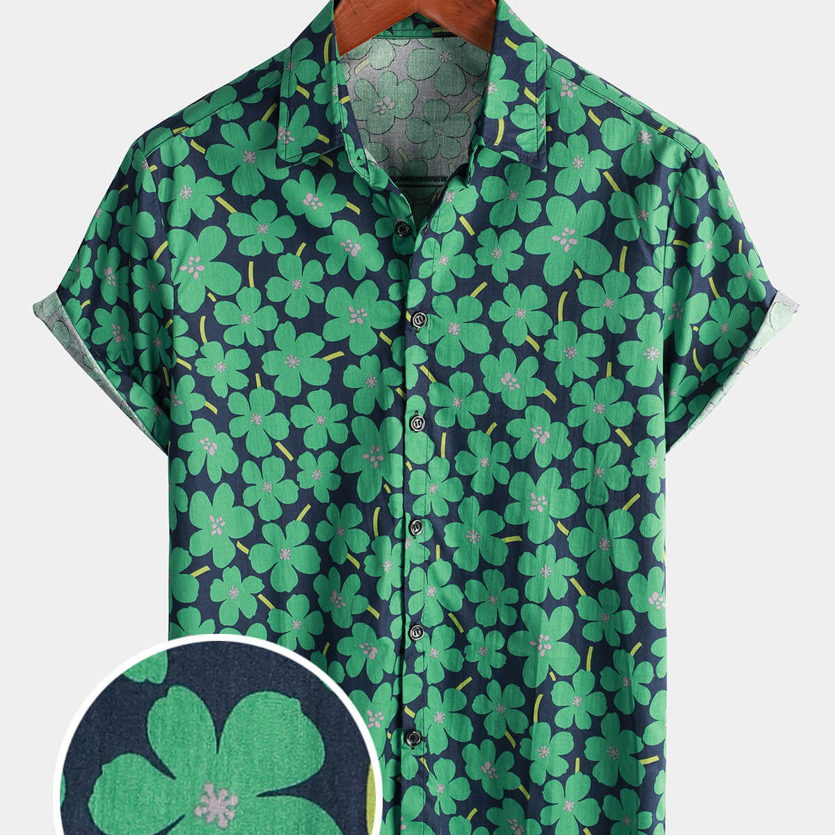 Men's Beach Holiday Flower Print Button Up Floral Green Hawaiian Short Sleeve Shirt