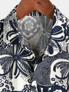 Men's Beach Hawaiian Cotton Holiday Flower Print Button Up Navy Blue Floral Short Sleeve Shirt