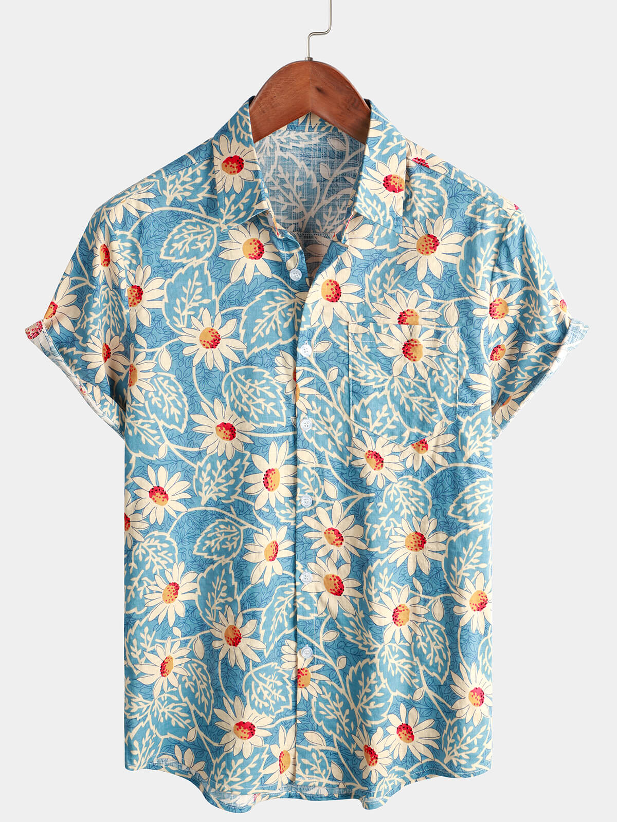 Men's Retro Beach Hawaiian Cotton Holiday Button Up Blue Short Sleeve Floral Shirt