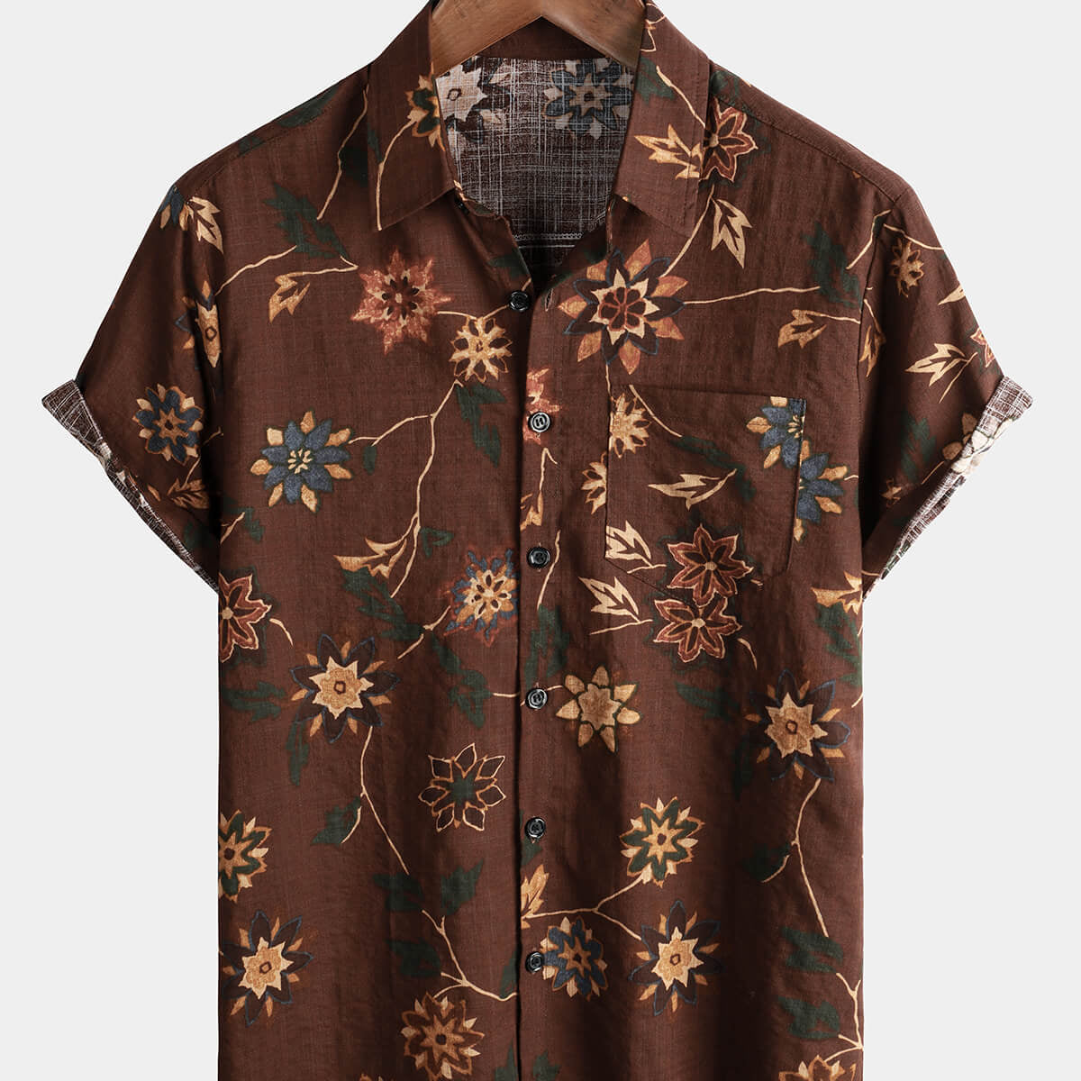 Men's Retro Cotton Beach Pocket Vacation Brown Hawaiian Aloha Floral Shirt