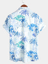 Men's Palm Tree Tropical Island Button Up Floral Short Sleeve Summer Blue Hawaiian Shirt