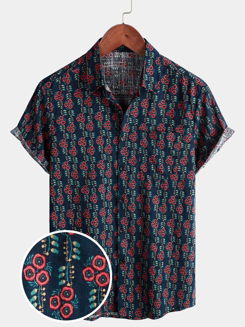 Men's Navy Blue Floral Cotton Pocket Vintage Short Sleeve Retro Button Up Shirt