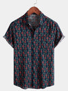 Men's Navy Blue Floral Cotton Pocket Vintage Short Sleeve Retro Button Up Shirt
