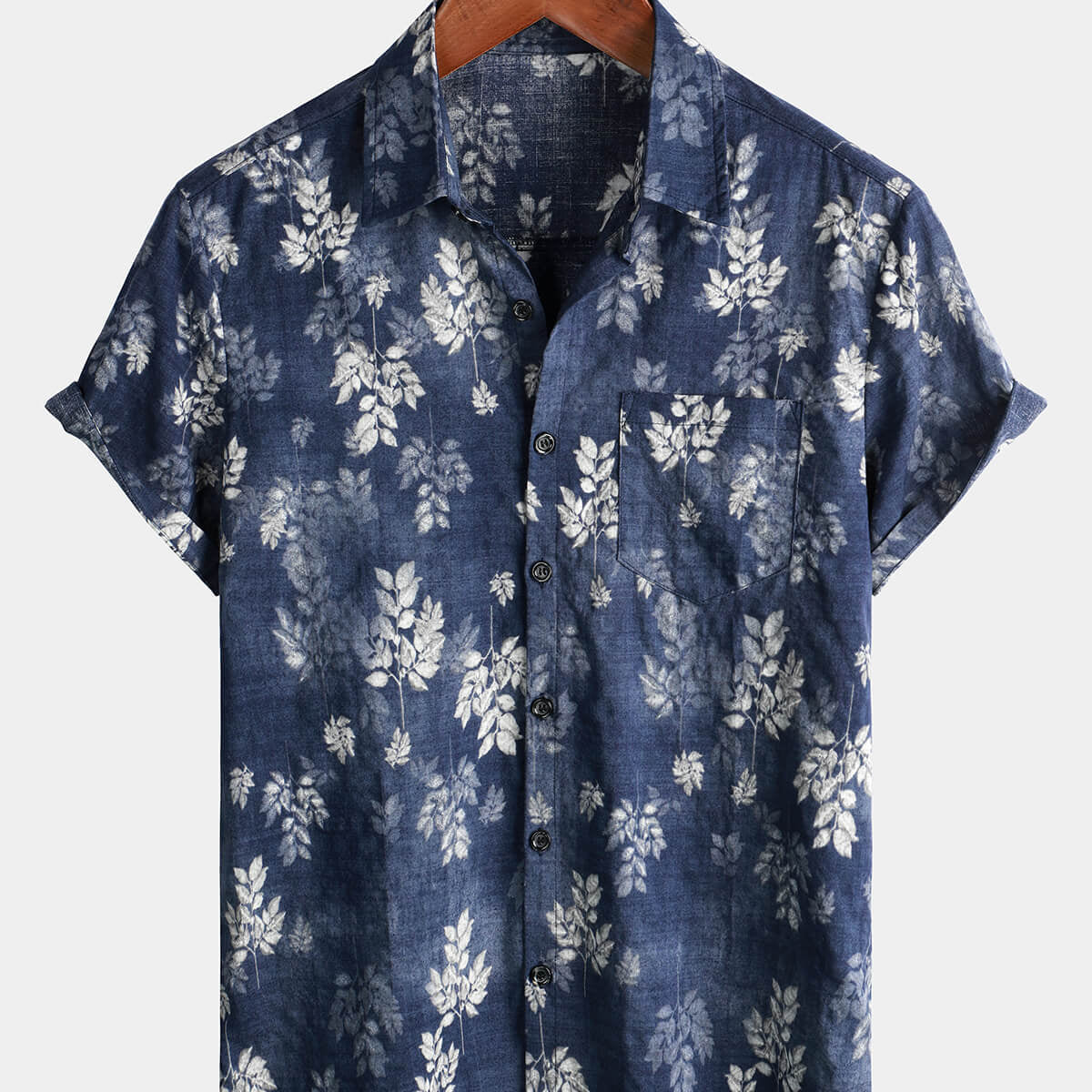 Men's Cotton Pocket Vintage Short Sleeve 70s Retro Summer Navy Blue Button Up Hawaiian Shirt