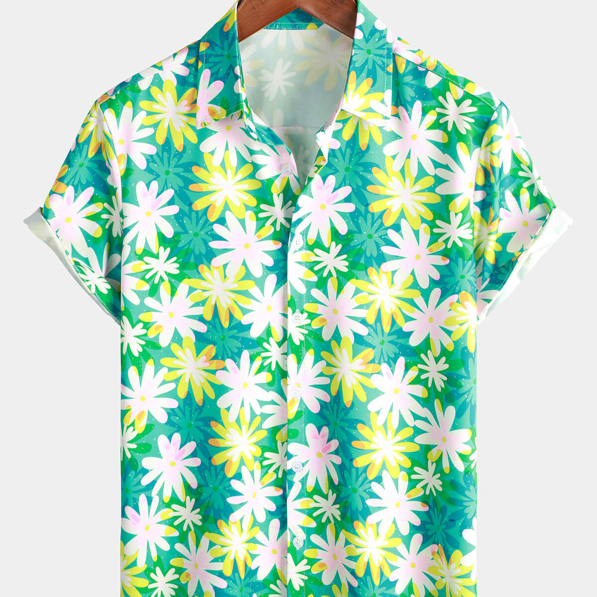 Men's Summer Floral Print Flower Button Up Beach Short Sleeve Green Hawaiian Shirt
