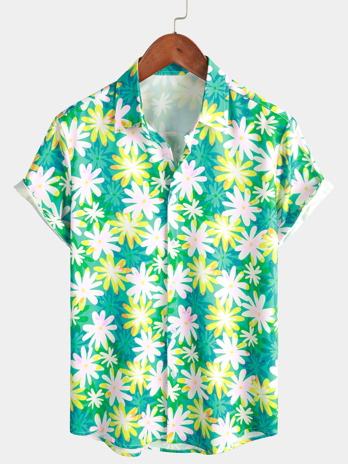 Men's Summer Floral Print Flower Button Up Beach Short Sleeve Green Hawaiian Shirt