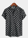 Men's Cotton Black & White Checkerboard Plaid Top Casual Checkered Short Sleeve Shirt