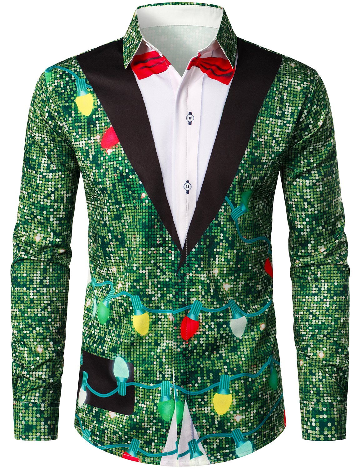 Men's Christmas Tree Funny Outfit Xmas Themed Top Holiday Green Button Long Sleeve Shirt