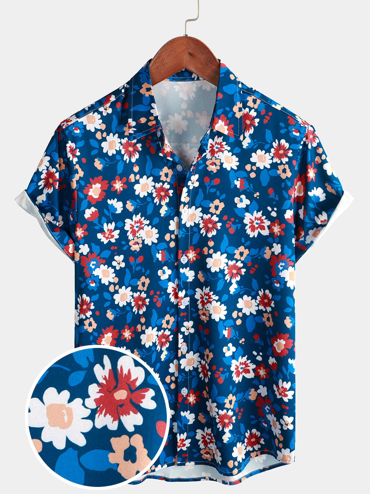Men's Holiday Blue Flower Print Button Up Floral Vintage Short Sleeve Shirt