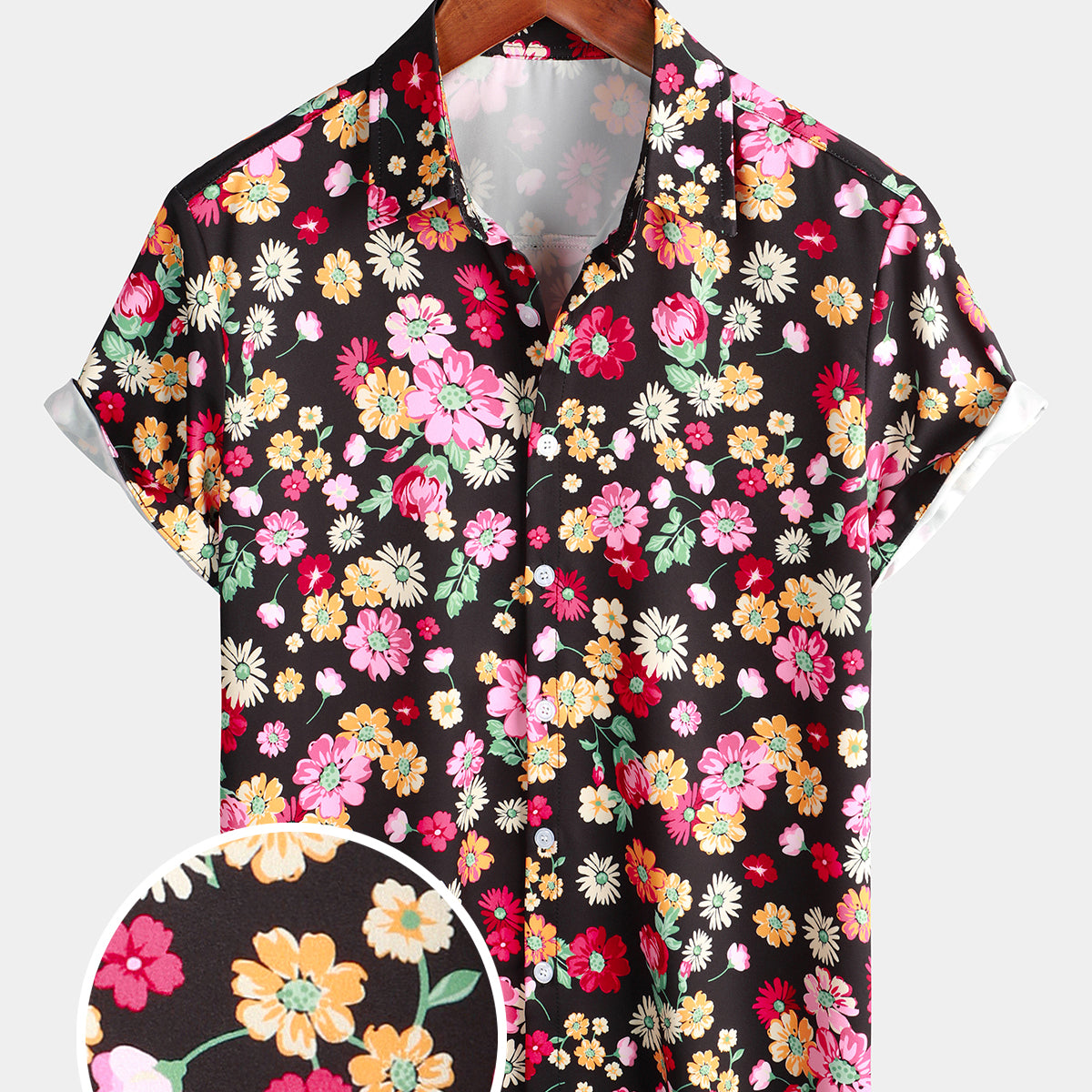 Men's Summer Cute Floral Print Flower Art Vacation Button Up Beach Short Sleeve Shirt