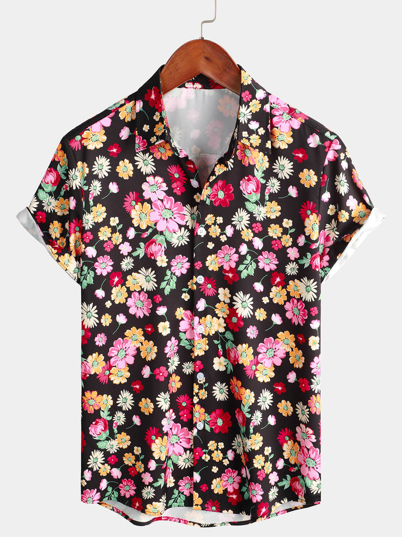 Men's Summer Cute Floral Print Flower Art Vacation Button Up Beach Short Sleeve Shirt