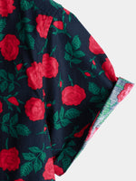 Men's Flower Rose  Print Button Short Sleeve Cotton Shirt