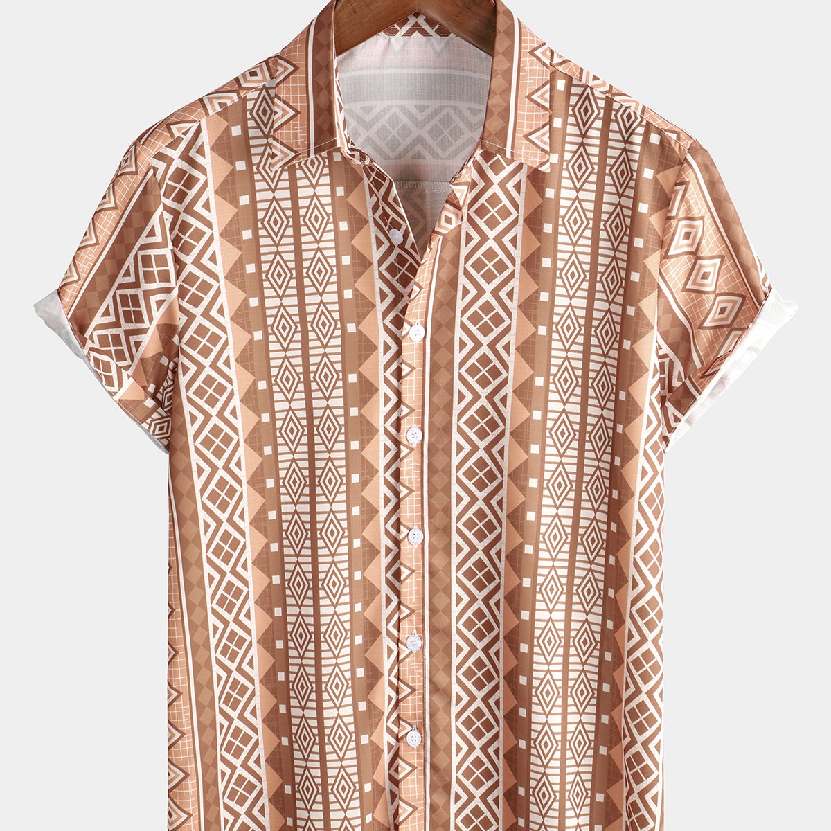 Men's Retro Brown Vertical Striped 70s Vintage Button Up Short Sleeve Shirt