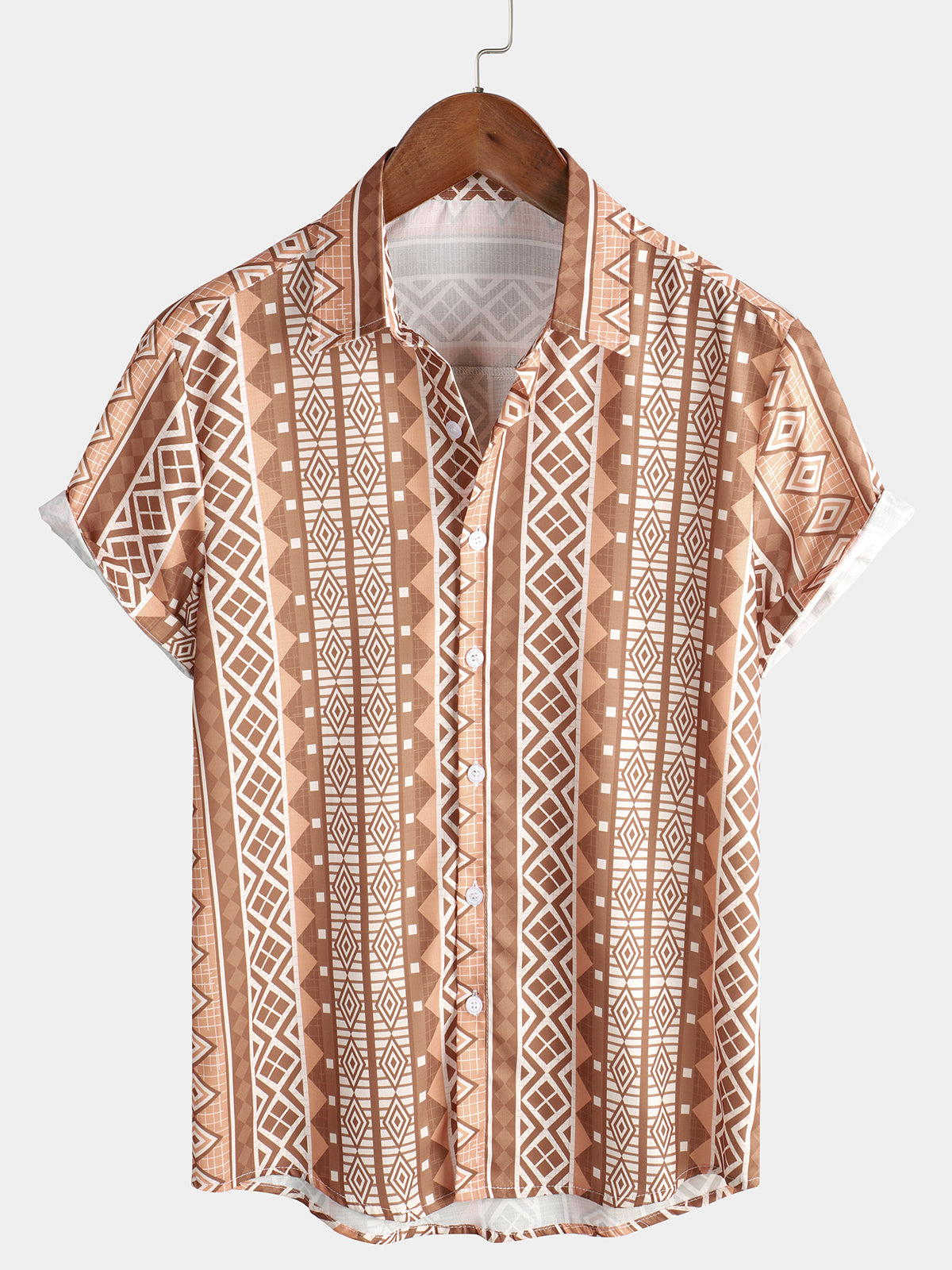 Men's Retro Brown Vertical Striped 70s Vintage Button Up Short Sleeve Shirt