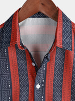 Men's Red Striped Retro Casual Vintage Short Sleeve Button Up Lapel Summer Shirt