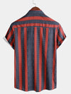 Men's Red Striped Retro Casual Vintage Short Sleeve Button Up Lapel Summer Shirt