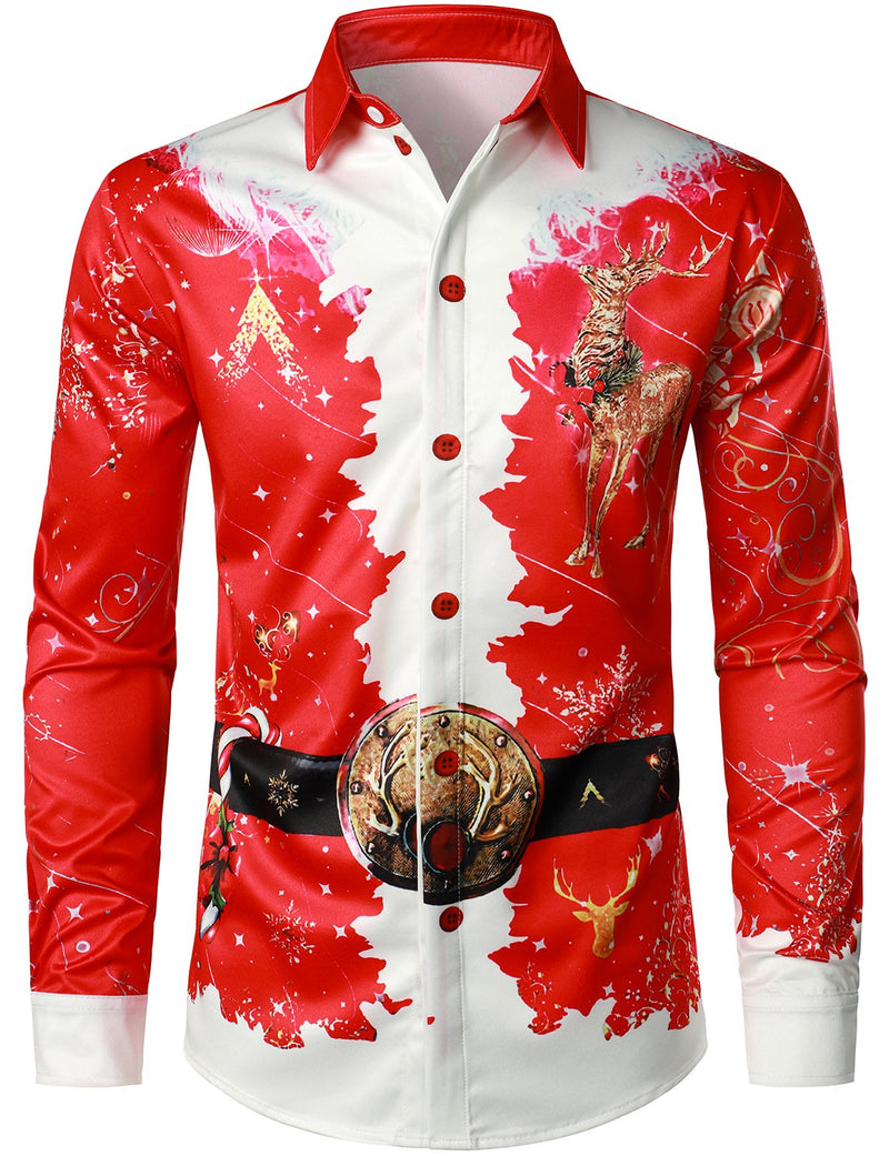 Men's Christmas Themed Top Red Funny Outfit Vacation Button Down Long Sleeve Shirt