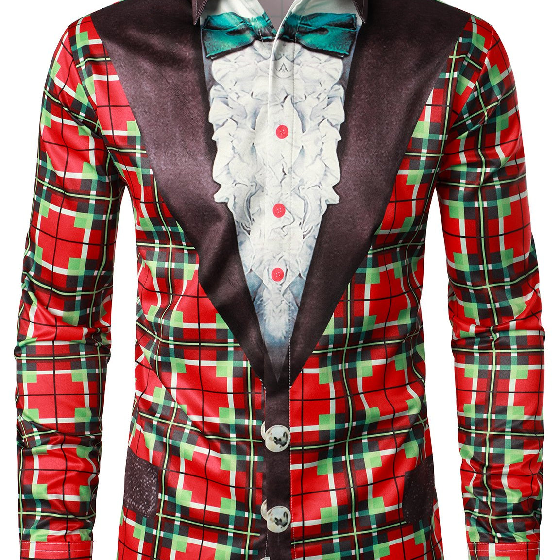 Men's Vintage Red And Green Plaid Funny Holiday Outfit Top Christmas Long Sleeve Shirt