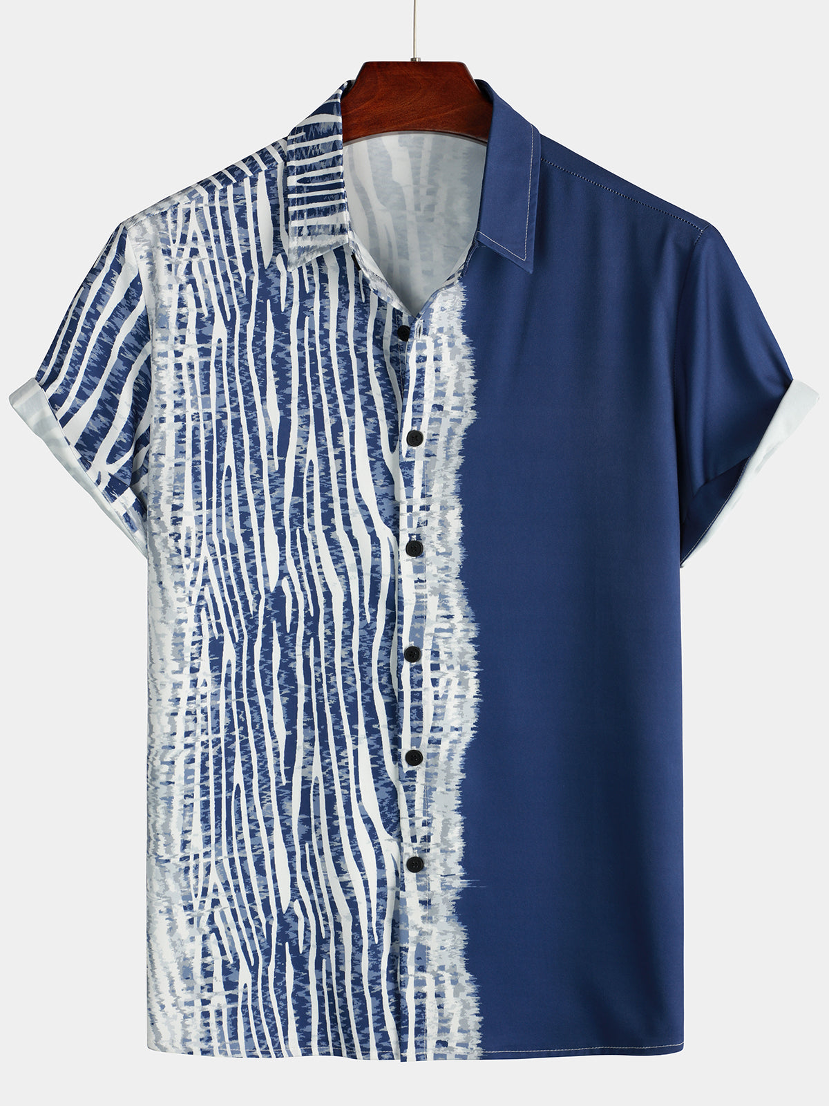 Men's Vintage Striped Button Up Holiday Beach Wave Navy Blue Lapel Short Sleeve Aloha Shirt