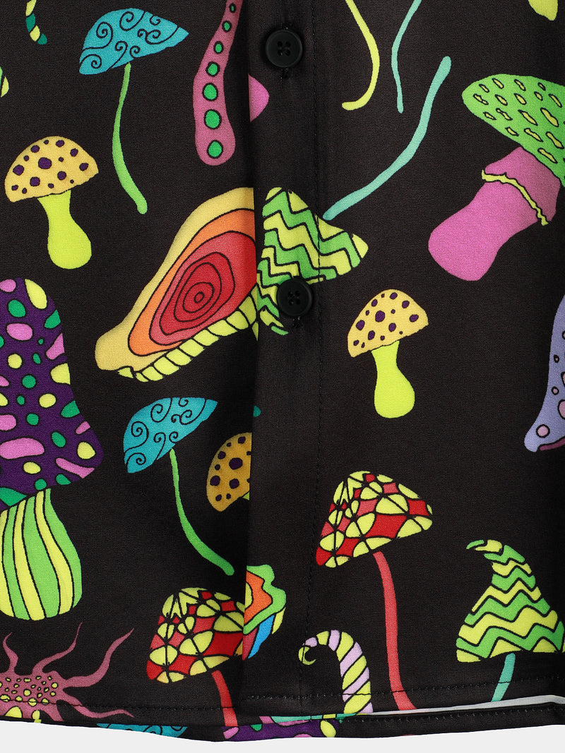 Men's Colorful Magic Mushroom Art Graphic Nature Vintage Plant Lapel Short Sleeve Shirt