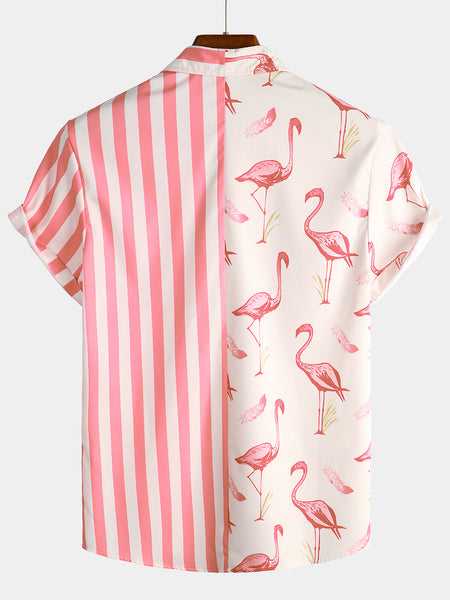 Men's Pink Flamingo & Striped Print Holiday Pocket Short Sleeve Shirt ...